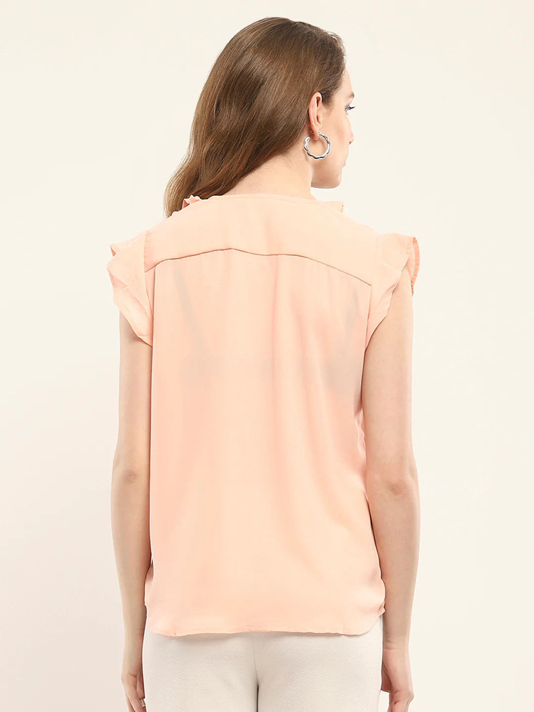 Women Peach Solid V Neck Sleeveless Winte Top - Image 5