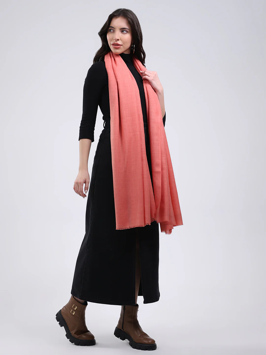 Women Peach Solid Wool Blend Shawl - Image 4