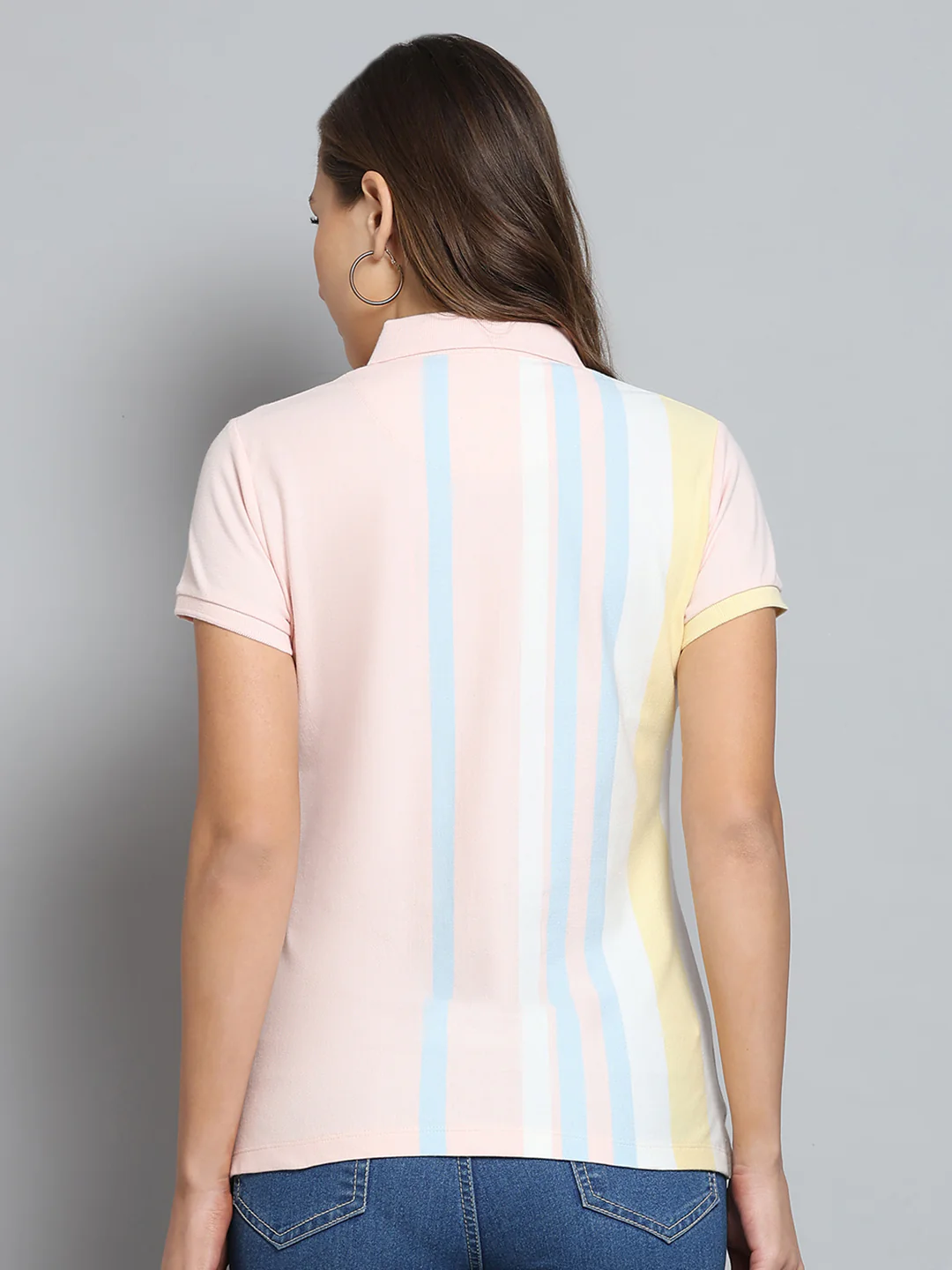 Women Peach Stripe Collar Half Sleeve T-Shirt - Image 5