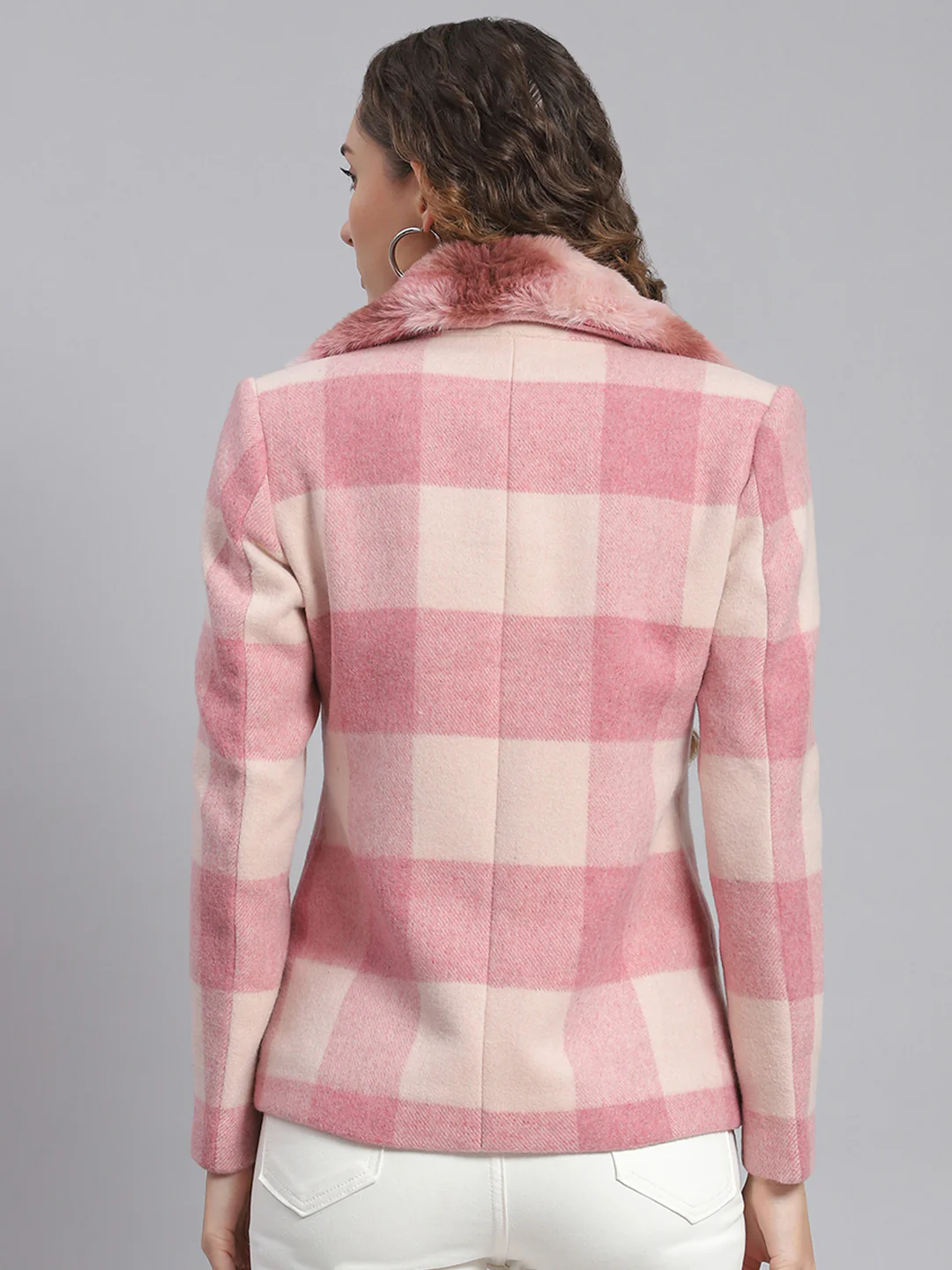 Women Pink Check Collar Full Sleeve Coats - Image 4