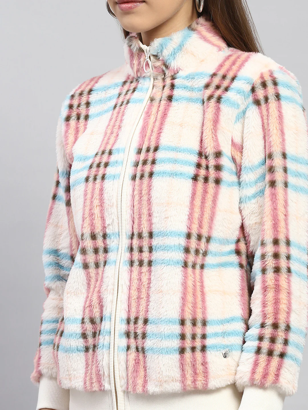 Women Pink Check Mock Neck Full Sleeve Sweatshirt - Image 7