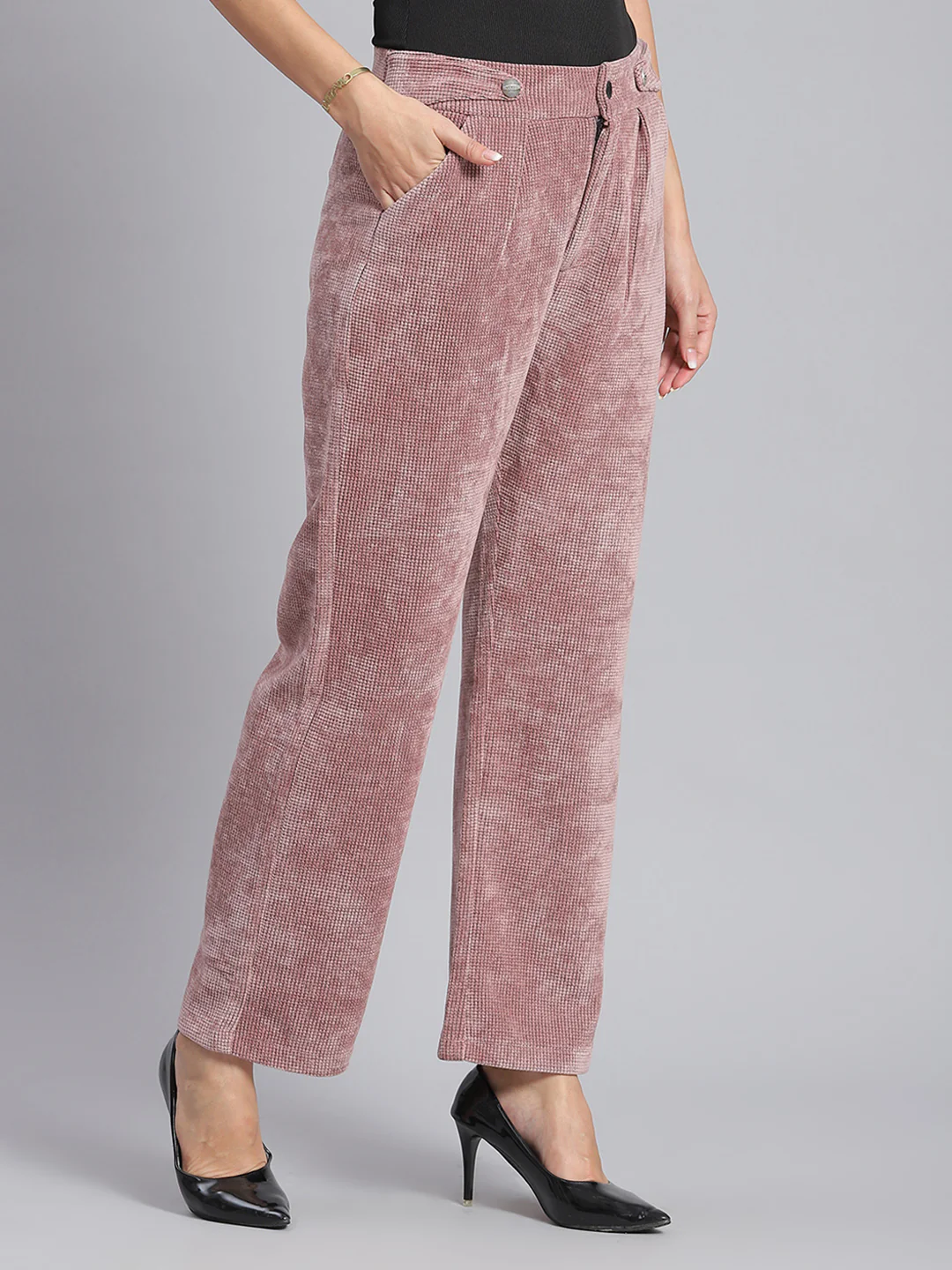 Women Pink Check Regular Fit Winter Lowers - Image 4