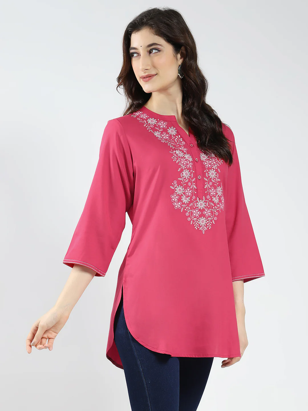 Women Pink Embroidered Band Neck 3/4th Sleeve Top - Image 4