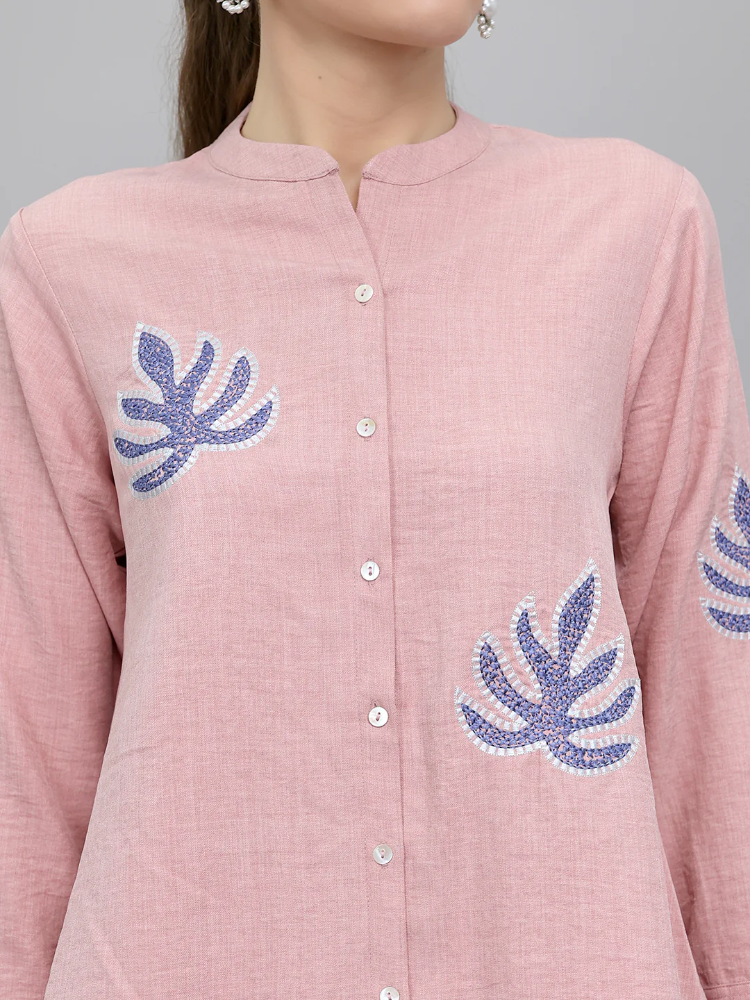 Women Pink Embroidered Henley Neck Full Sleeve Cords Set - Image 4