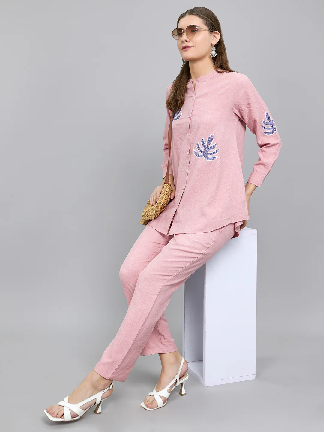 Women Pink Embroidered Henley Neck Full Sleeve Cords Set - Image 5