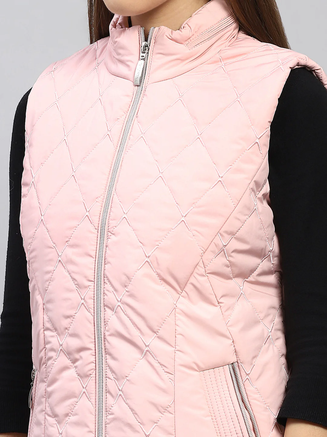 Women Pink Embroidered Mock Neck Sleeveless Jacket - Image 7