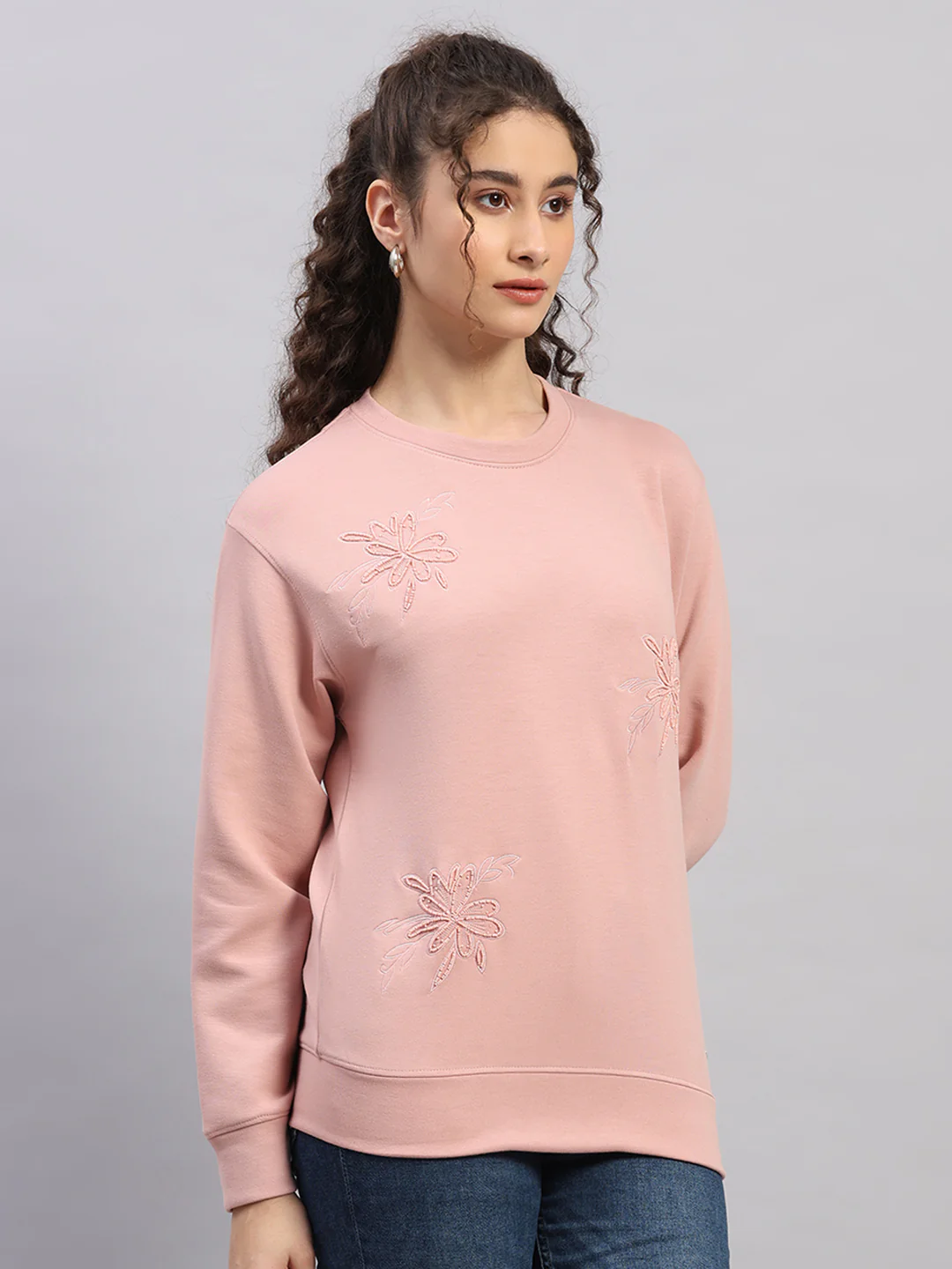 Women Pink Embroidered Round Neck Full Sleeve Sweatshirt - Image 4