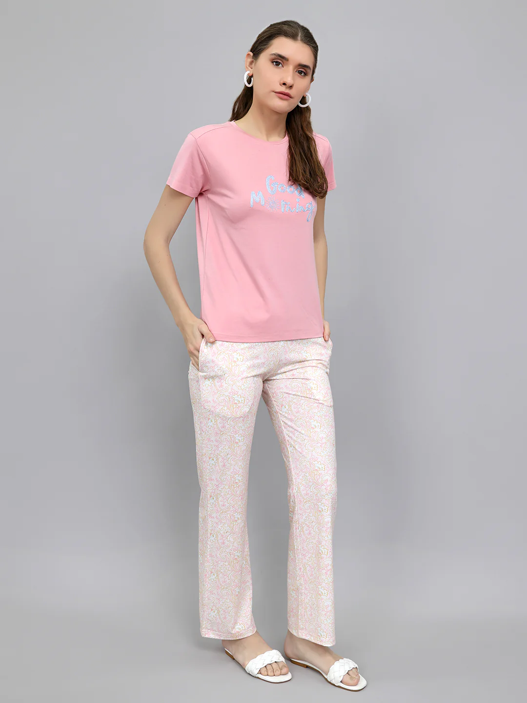 Women Pink Embroidered Round Neck Half Sleeve Lower Set - Image 3