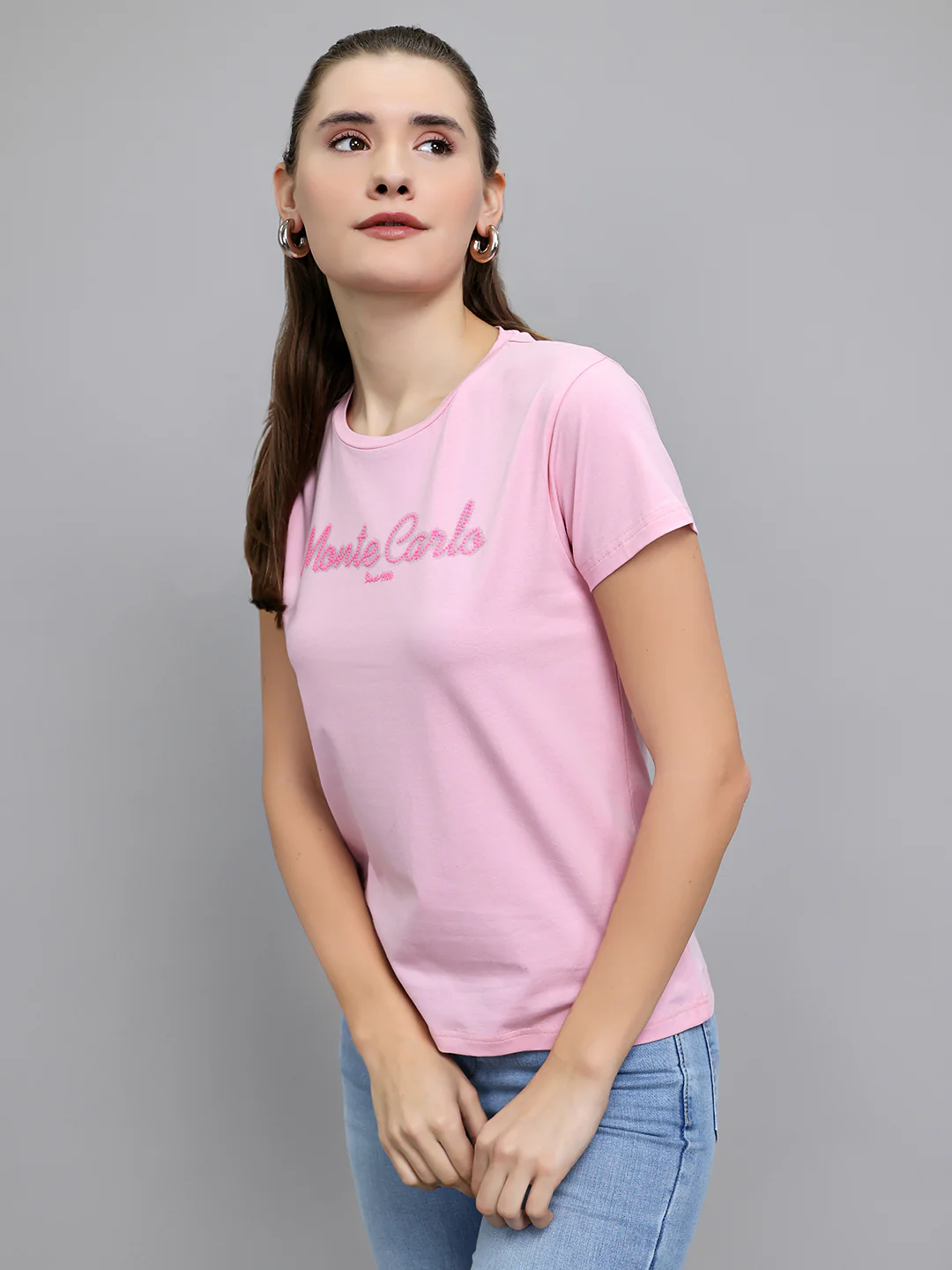 Women Pink Embroidered Round Neck Half Sleeve Top - Image 2