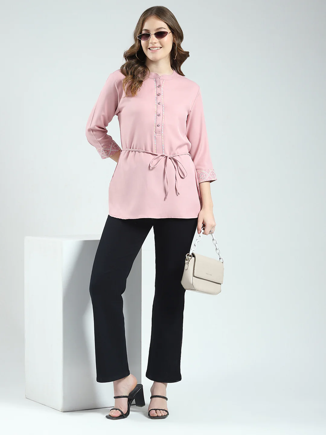 Women Pink Embroidered Round Neck 3/4th Sleeve Top - Image 2