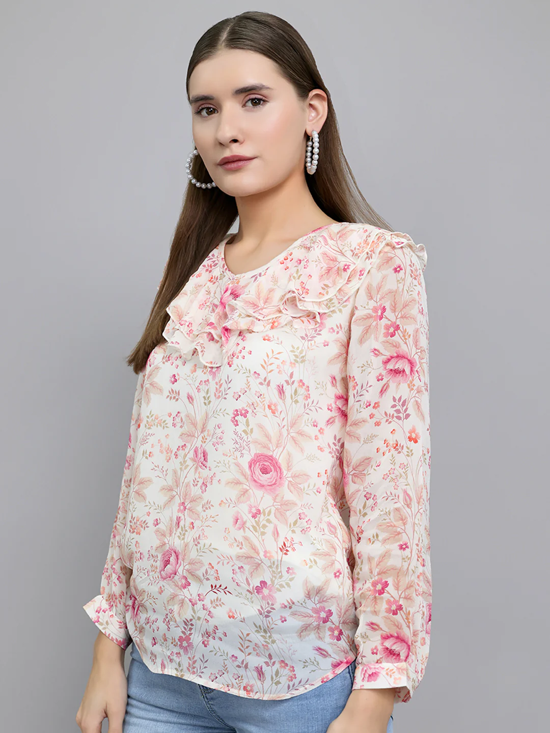 Women Pink Floral Print Fashion Neck Full Sleeve Top - Image 2