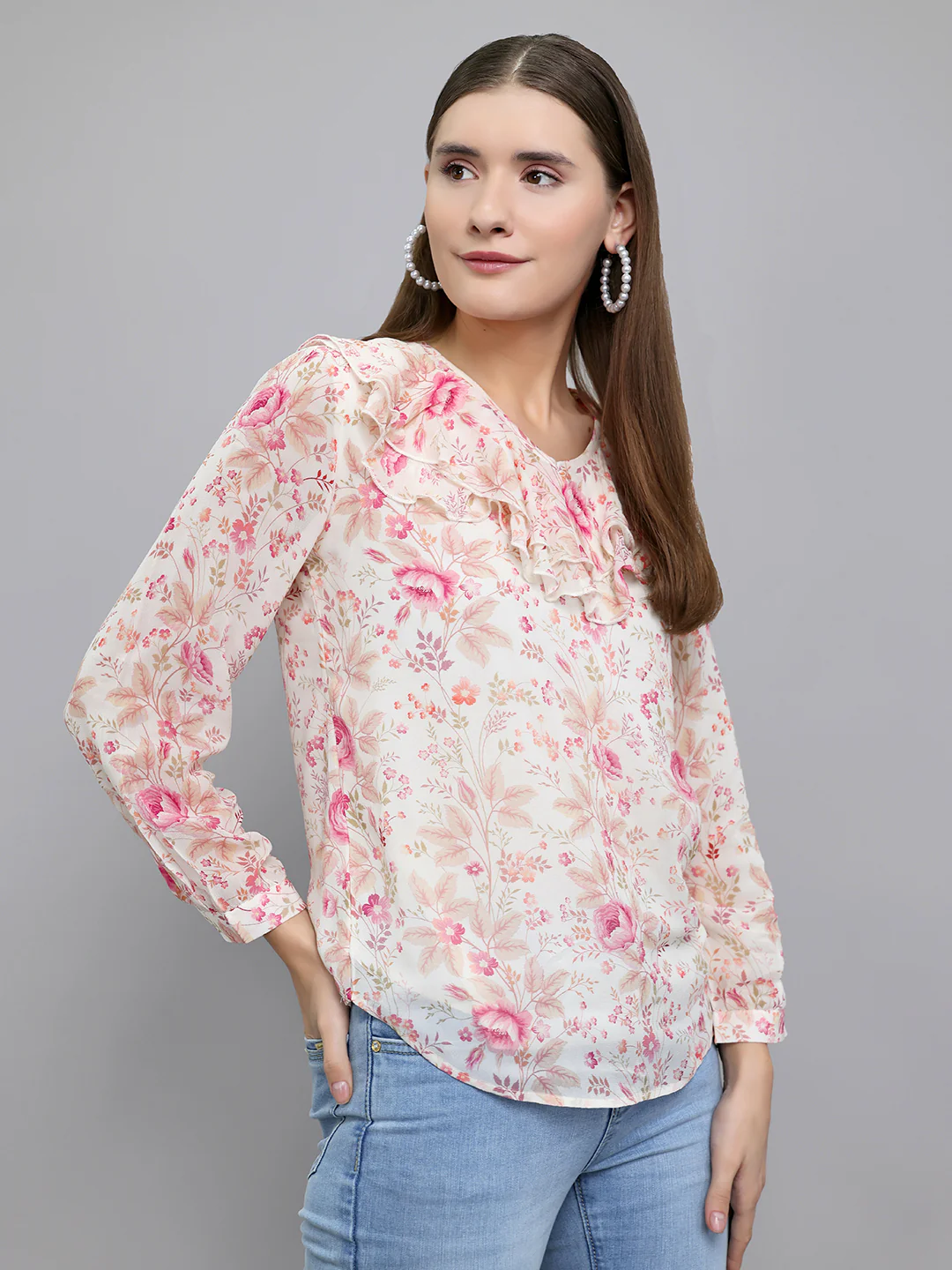 Women Pink Floral Print Fashion Neck Full Sleeve Top - Image 3
