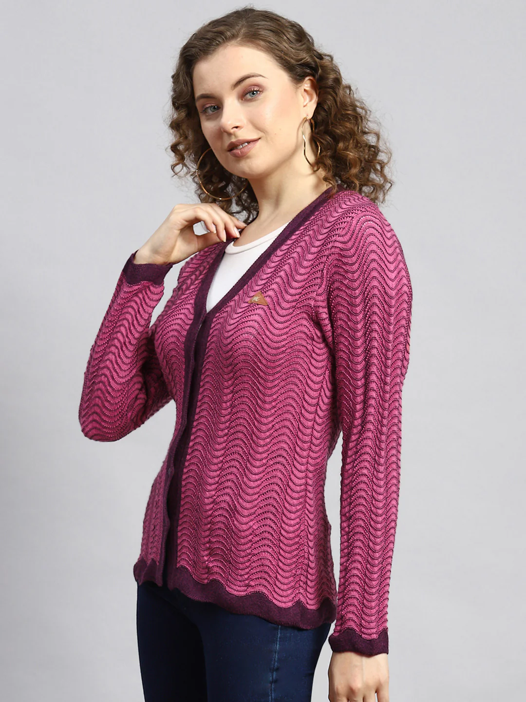 Women Pink Jaquard Cardigan - Image 4