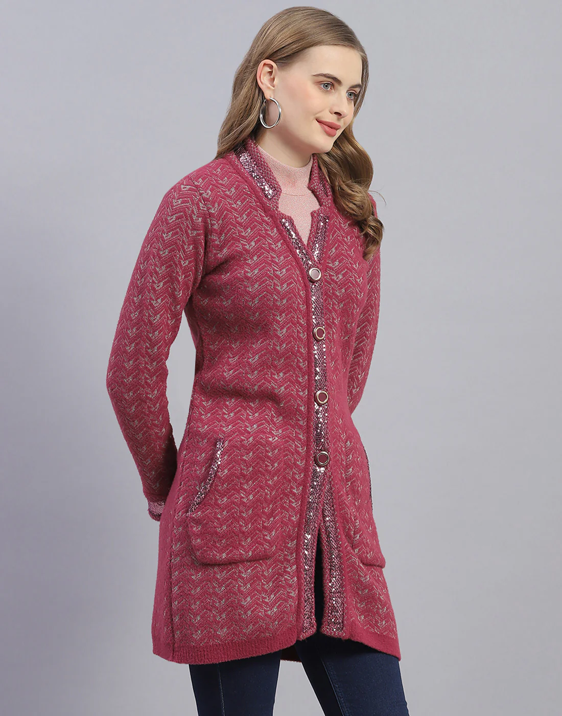 Women Pink Jaquard V Neck Full Sleeve Cardigan - Image 4
