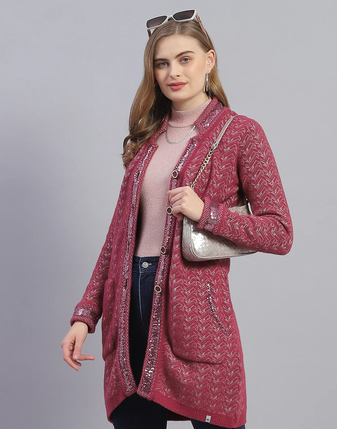 Women Pink Jaquard V Neck Full Sleeve Cardigan - Image 6