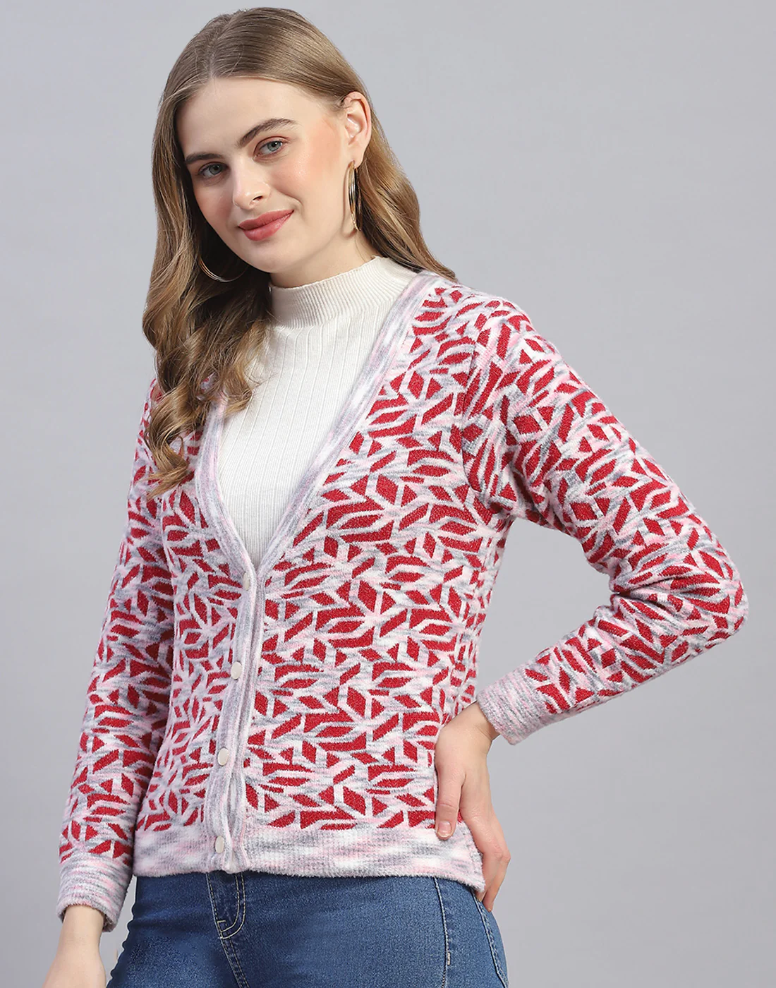 Women Pink Jaquard V Neck Full Sleeve Cardigan - Image 3