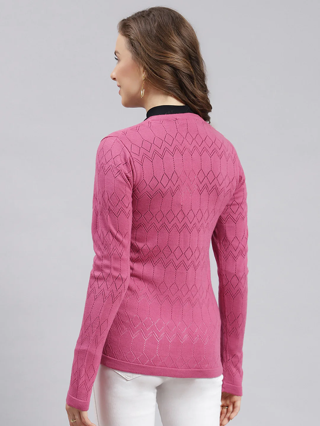 Women Pink Jaquard Wool blend Cardigan - Image 5