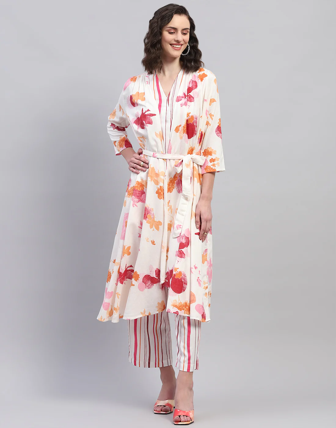 Women Pink & Orange Printed V Neck 3/4 Sleeve Combo 3Pc Set - Image 3
