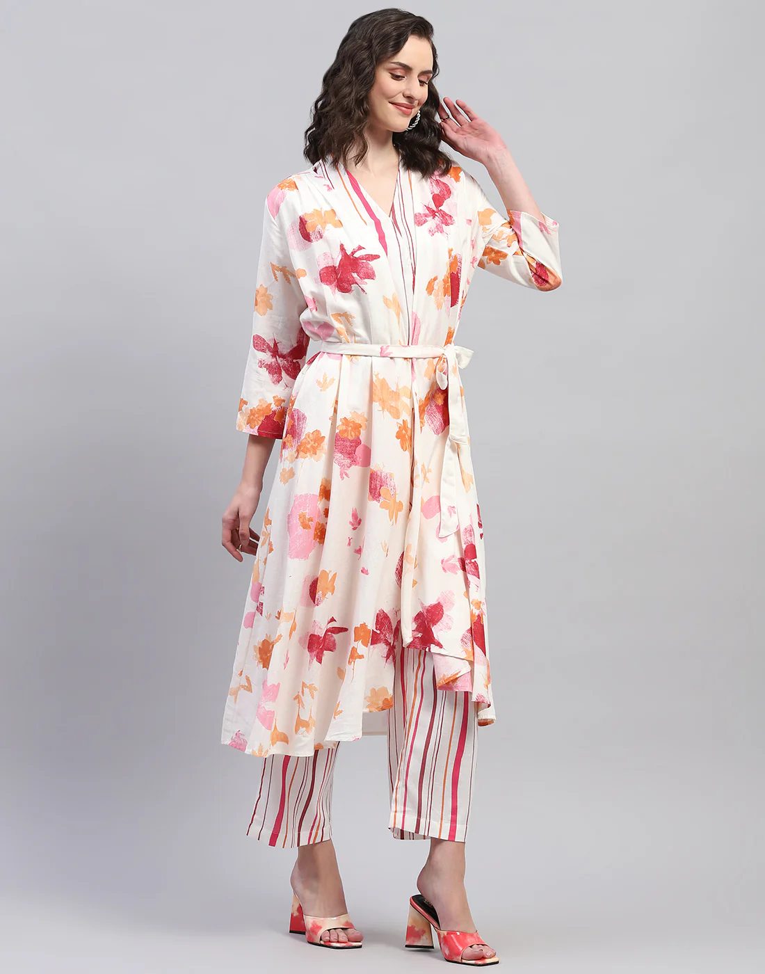 Women Pink & Orange Printed V Neck 3/4 Sleeve Combo 3Pc Set - Image 5