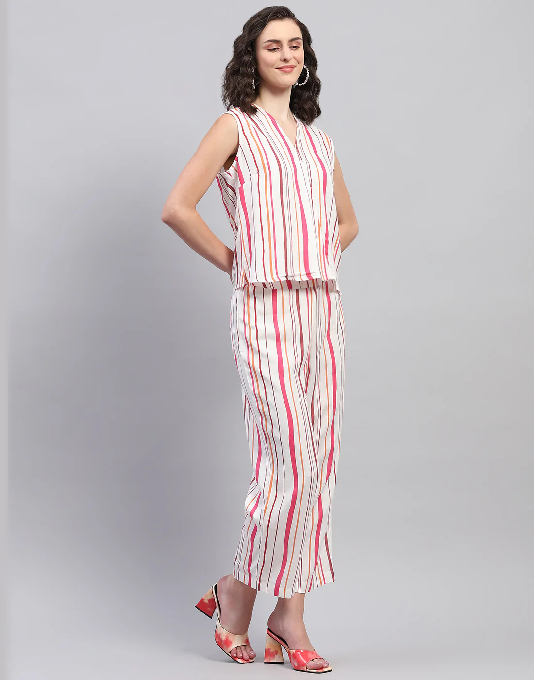 Women Pink & Orange Printed V Neck 3/4 Sleeve Combo 3Pc Set - Image 7
