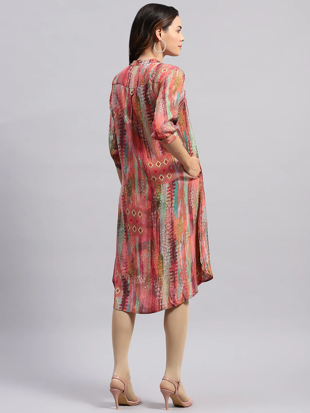 Women PINK Printed Band Collar 3/4 Sleeve Tunic - Image 6