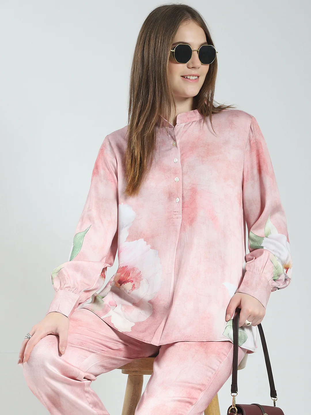 Women Pink Printed Band Neck Full Sleeve Cords Set - Image 2