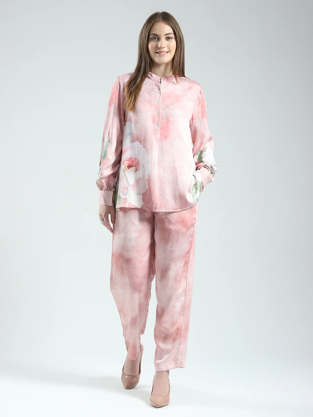 Women Pink Printed Band Neck Full Sleeve Cords Set - Image 3