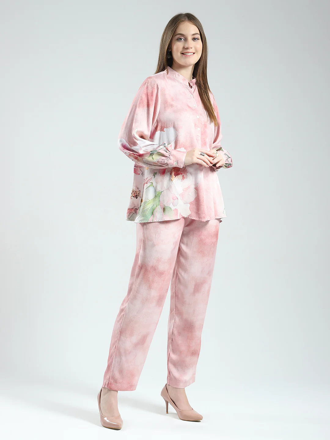Women Pink Printed Band Neck Full Sleeve Cords Set - Image 5