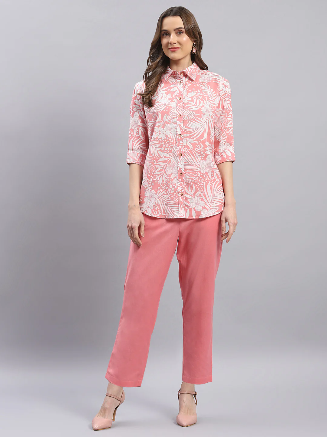 Women Pink Printed Collar 3/4 Sleeve Cords Set - Image 3