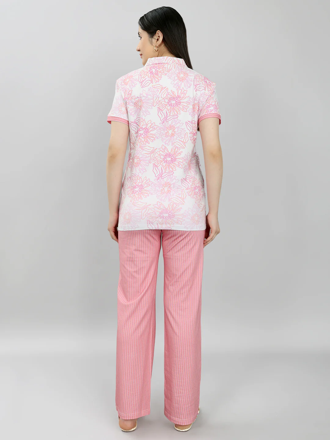 Women Pink Printed Collar Half Sleeve Combo 3 Pc Set (Top, Shorts & Lower) - Image 4
