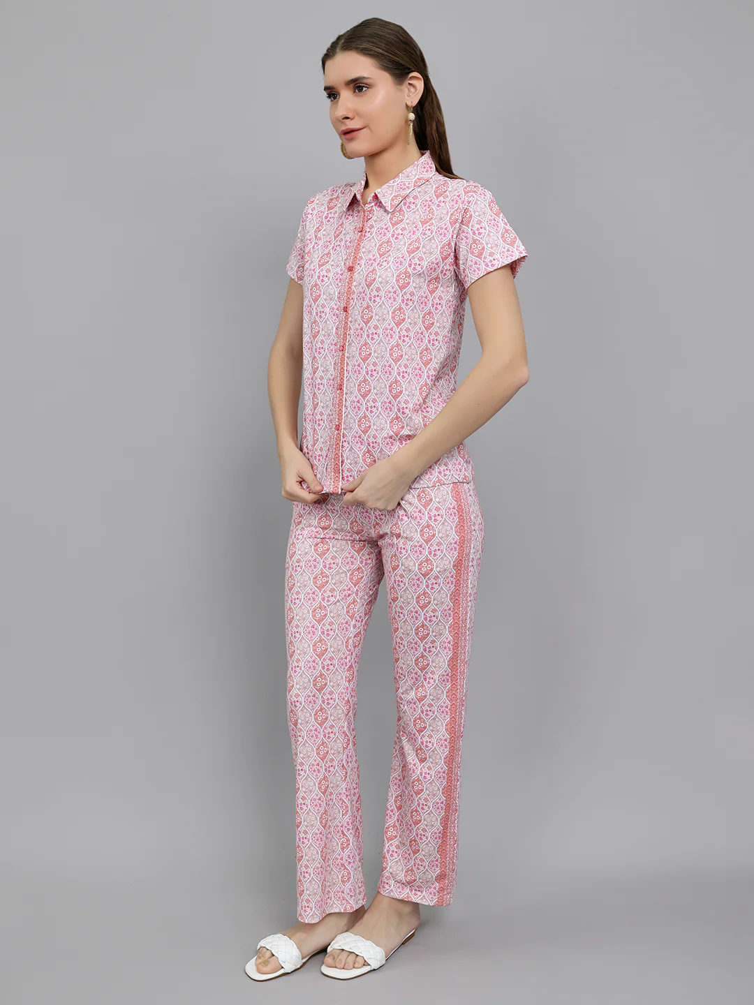 Women Pink Printed Collar Half Sleeve Lower Set - Image 2