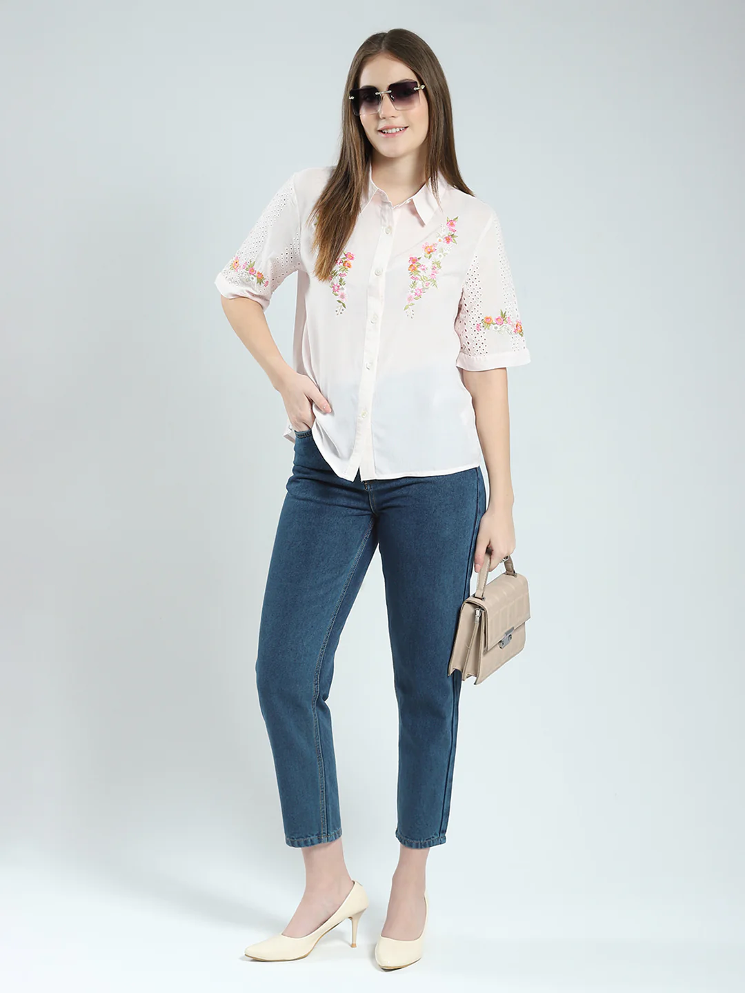 Women Pink Printed Collar Half Sleeve Top - Image 2