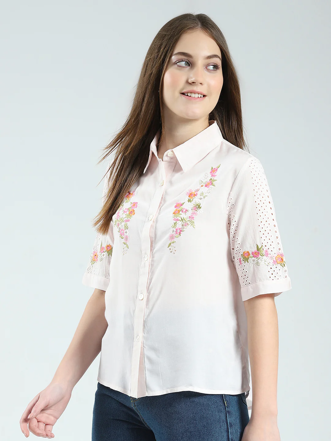 Women Pink Printed Collar Half Sleeve Top - Image 3