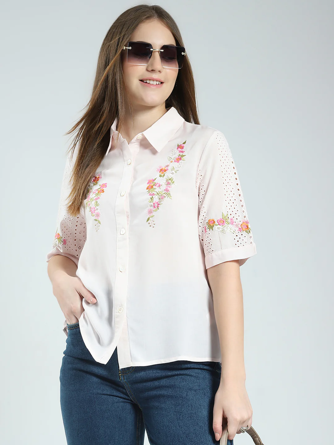 Women Pink Printed Collar Half Sleeve Top - Image 6