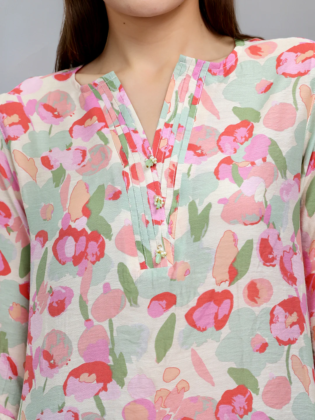Women Pink Printed Fashion Neck 3/4th Sleeve Kurti - Image 5