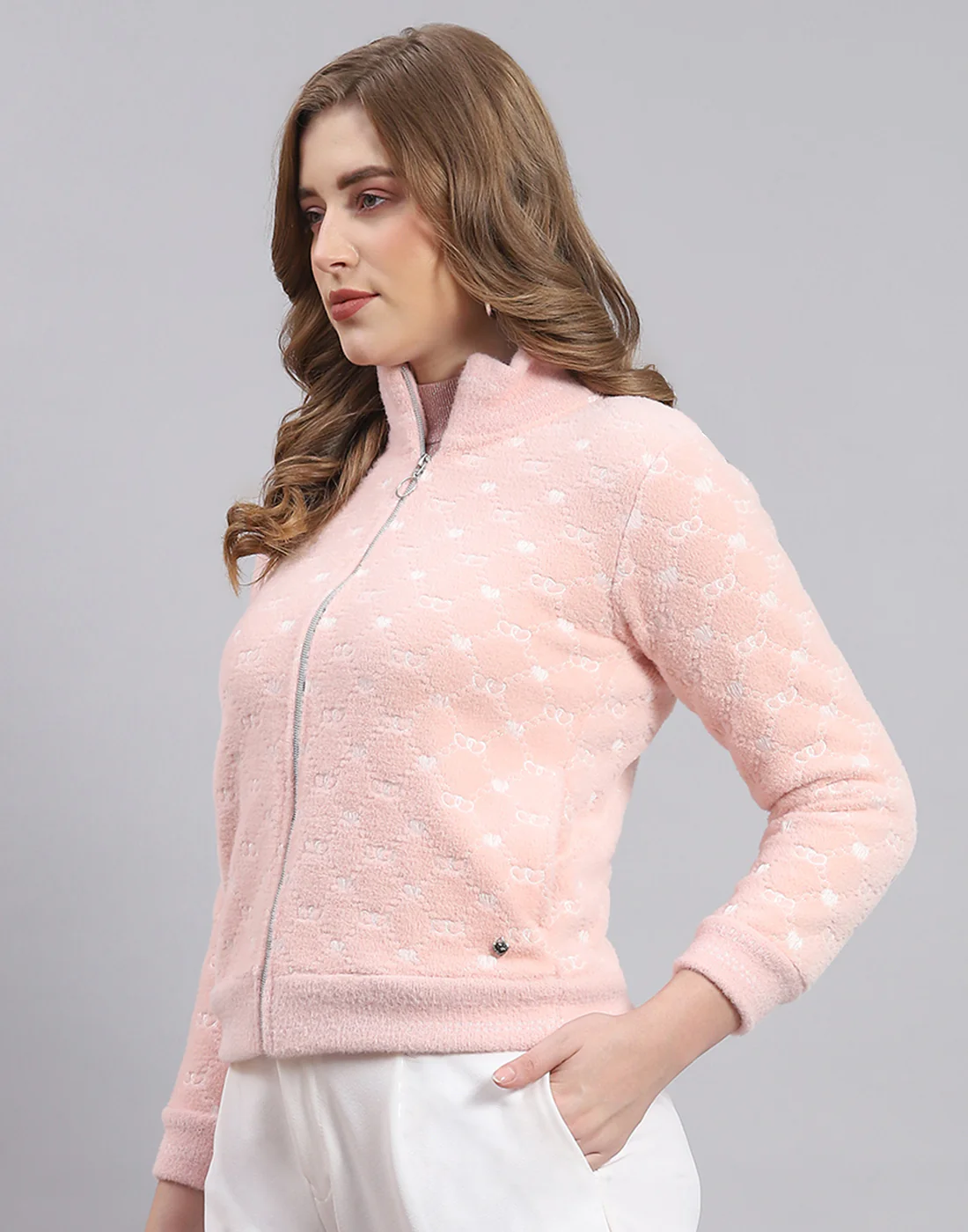 Women Pink Printed H Neck Full Sleeve Sweatshirt - Image 4