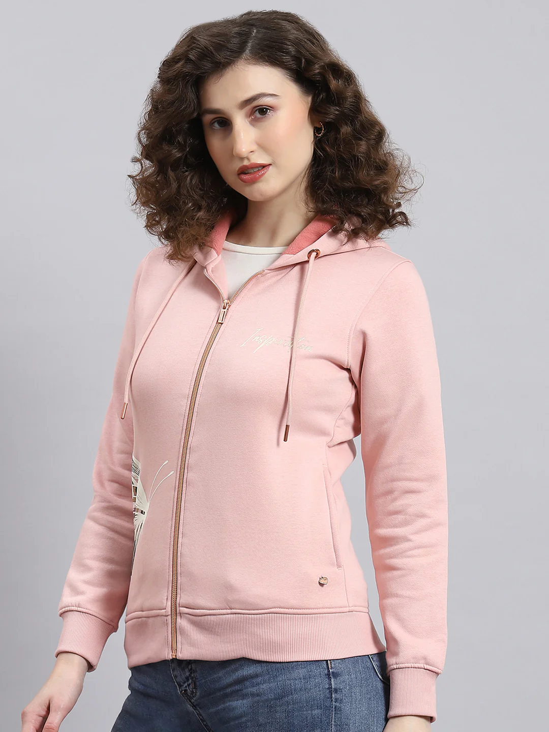 Women Pink Printed Hooded Full Sleeve Sweatshirt - Image 3