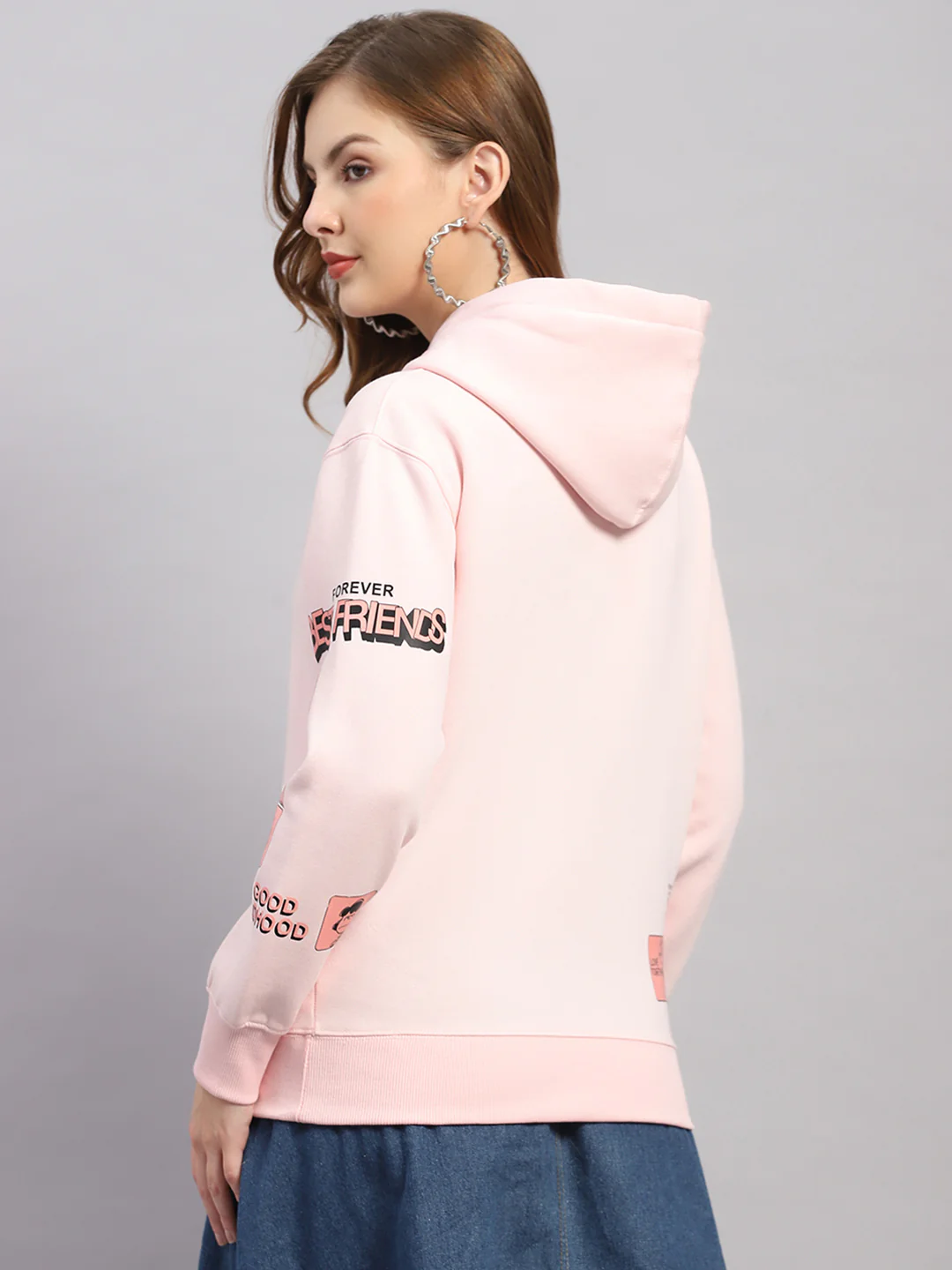 Women Pink Printed Hooded Full Sleeve Sweatshirt - Image 5