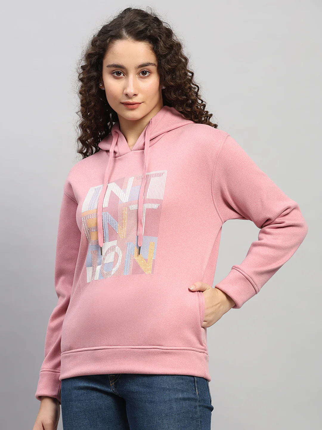 Women Pink Printed Hooded Full Sleeve Sweatshirt - Image 3