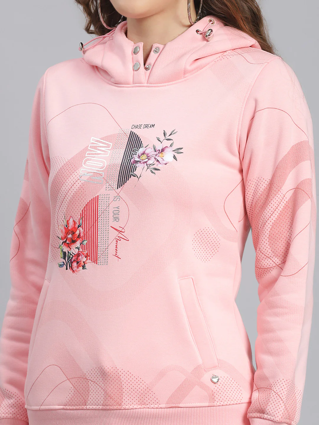 Women Pink Printed Hooded Full Sleeve Sweatshirts - Image 6
