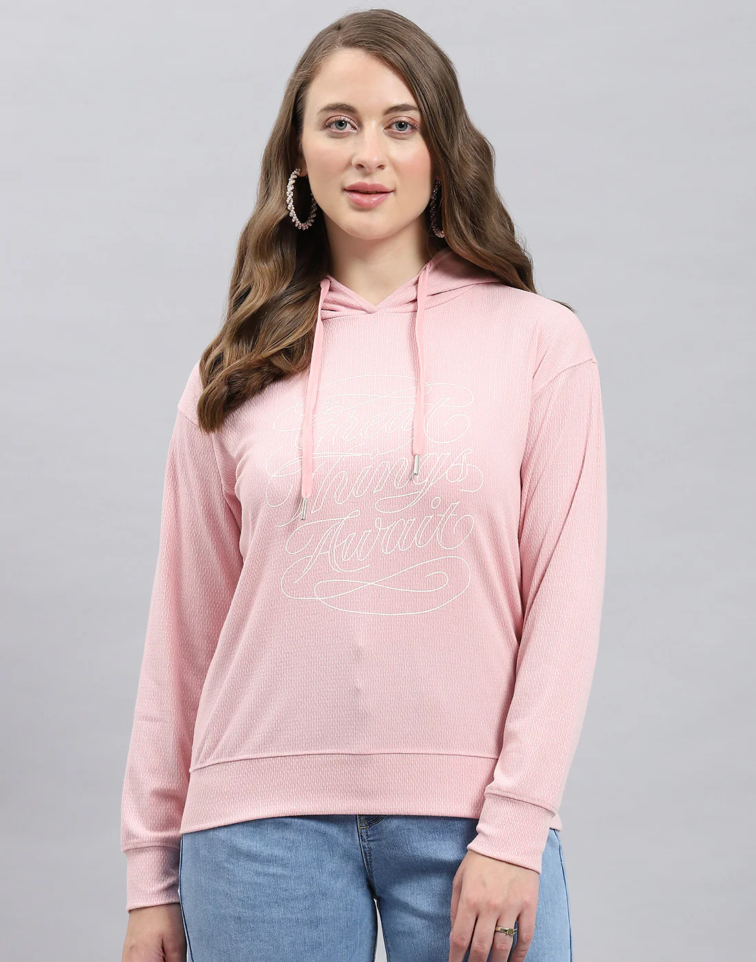 Women Pink Printed Hooded Full Sleeve Winter Top - Image 2