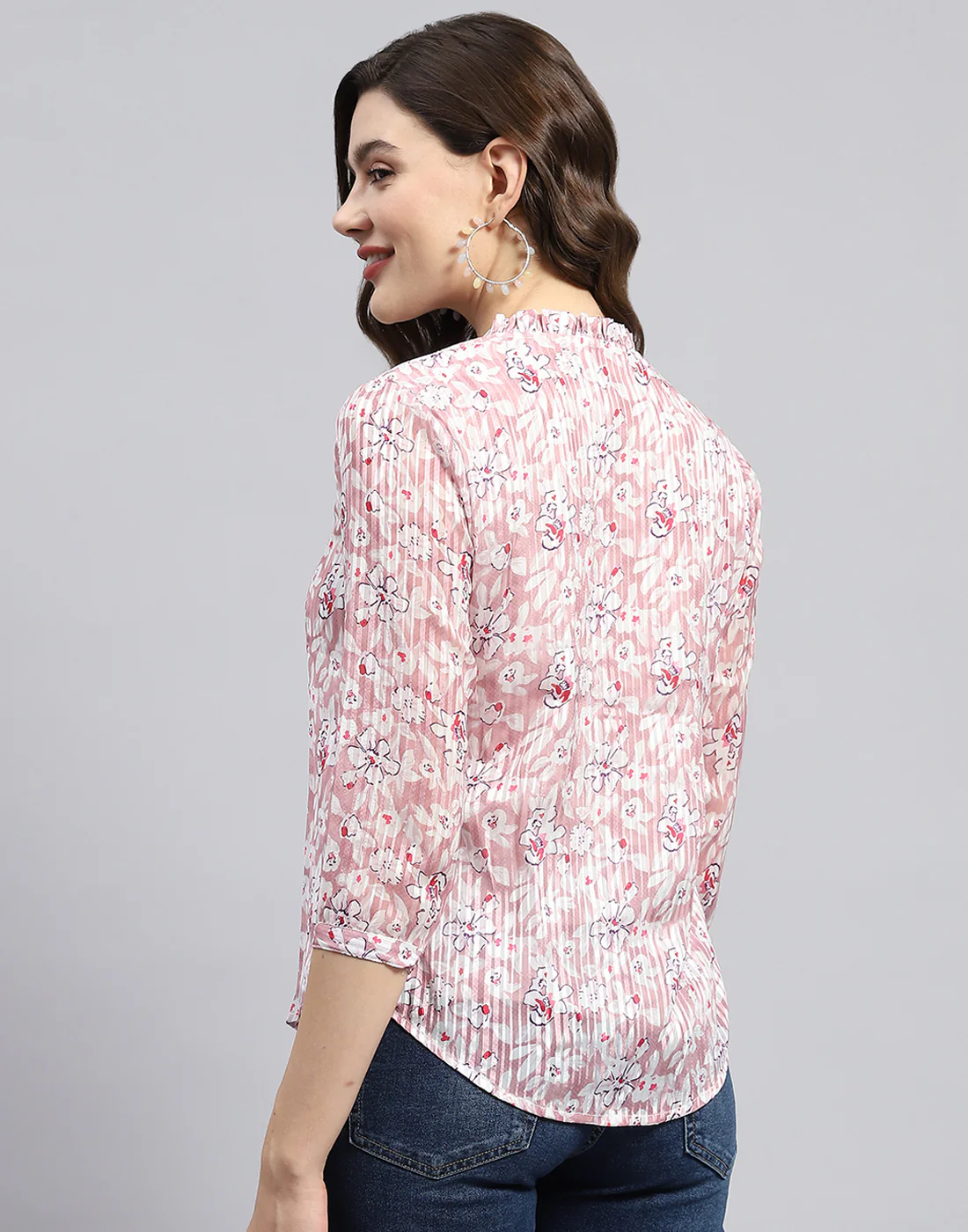 Women Pink Printed Mandarin Neck 3/4 Sleeve Top - Image 5