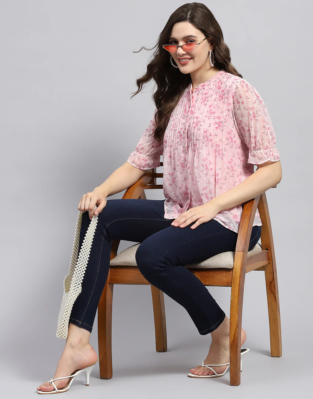 Women Pink Printed Mandarin Neck Half Sleeve Top - Image 2