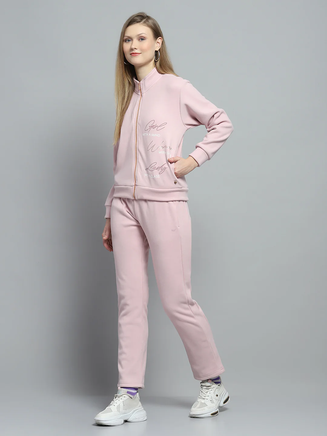 Women Pink Printed Mock Neck Full Sleeve Tracksuit - Image 3