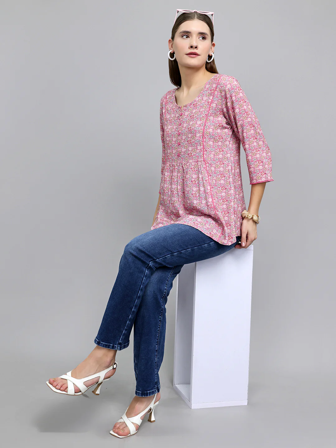 Women Pink Printed Round Neck 3/4th Sleeve Top - Image 6