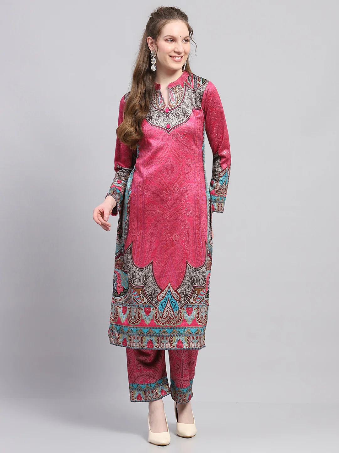 Women Pink Printed Round Neck Full Sleeve Kurti Set for Winter - Image 3