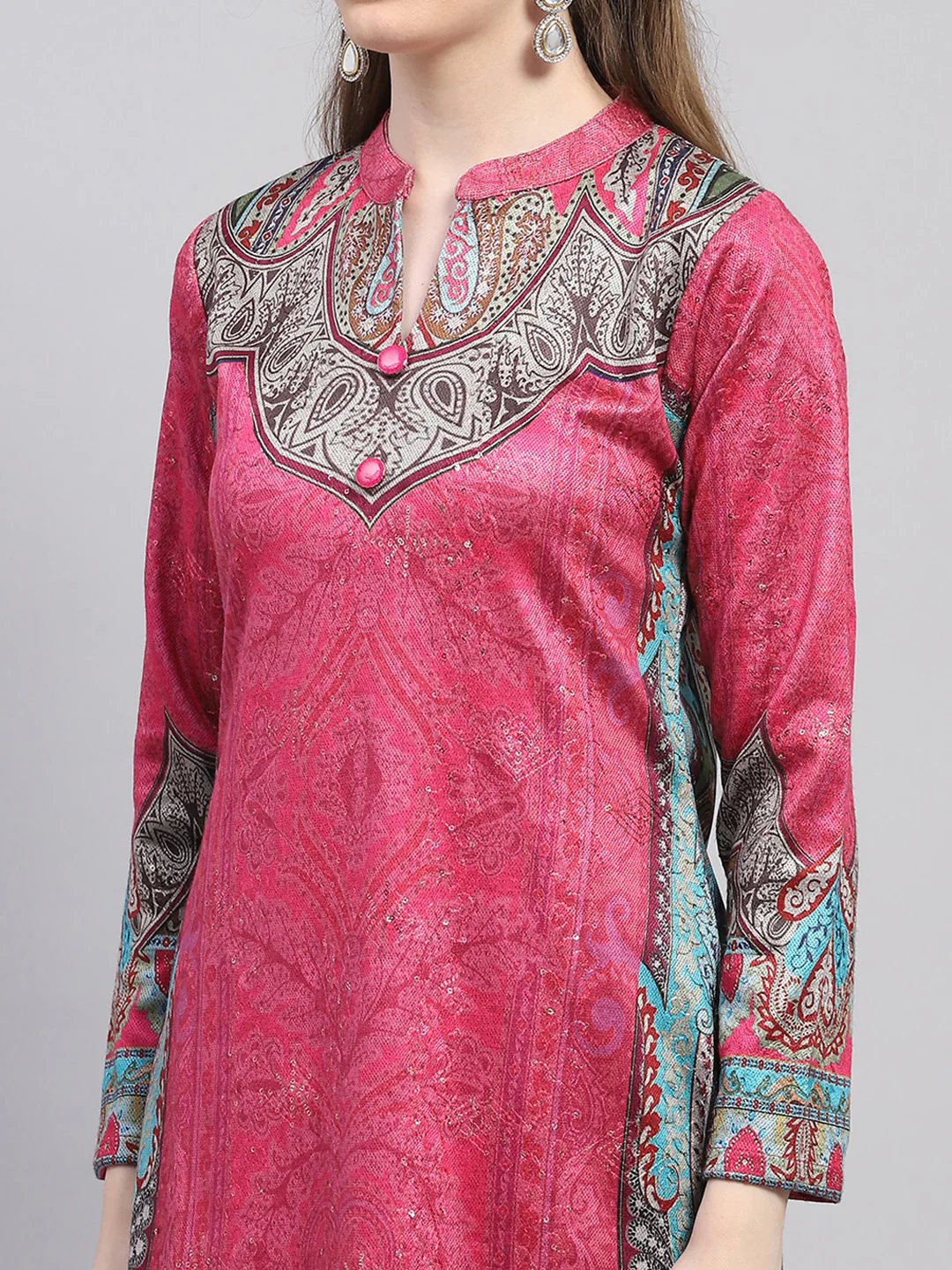 Women Pink Printed Round Neck Full Sleeve Kurti Set for Winter - Image 6