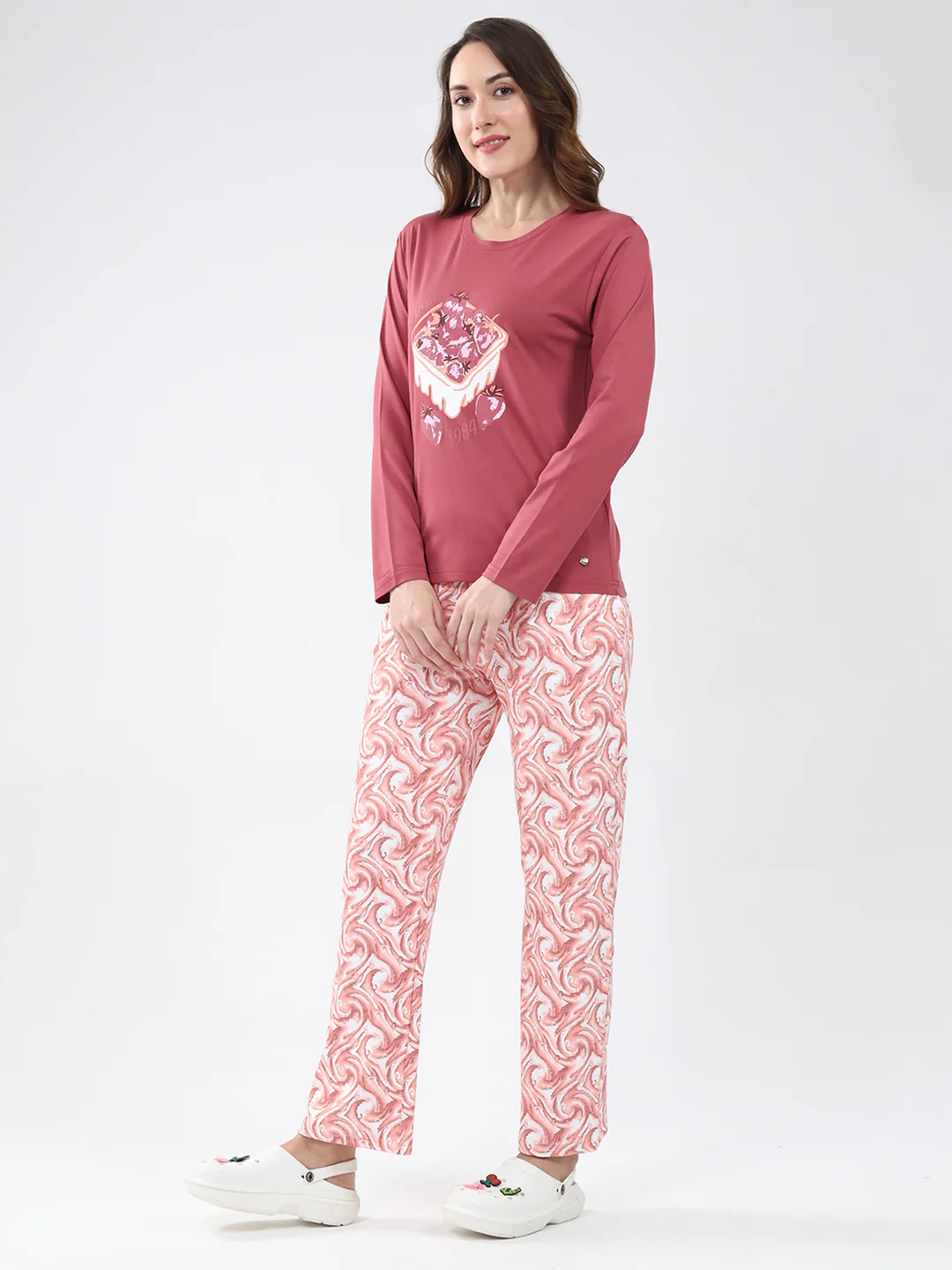 Women Pink Printed Round Neck Full Sleeve Lower Set - Image 3