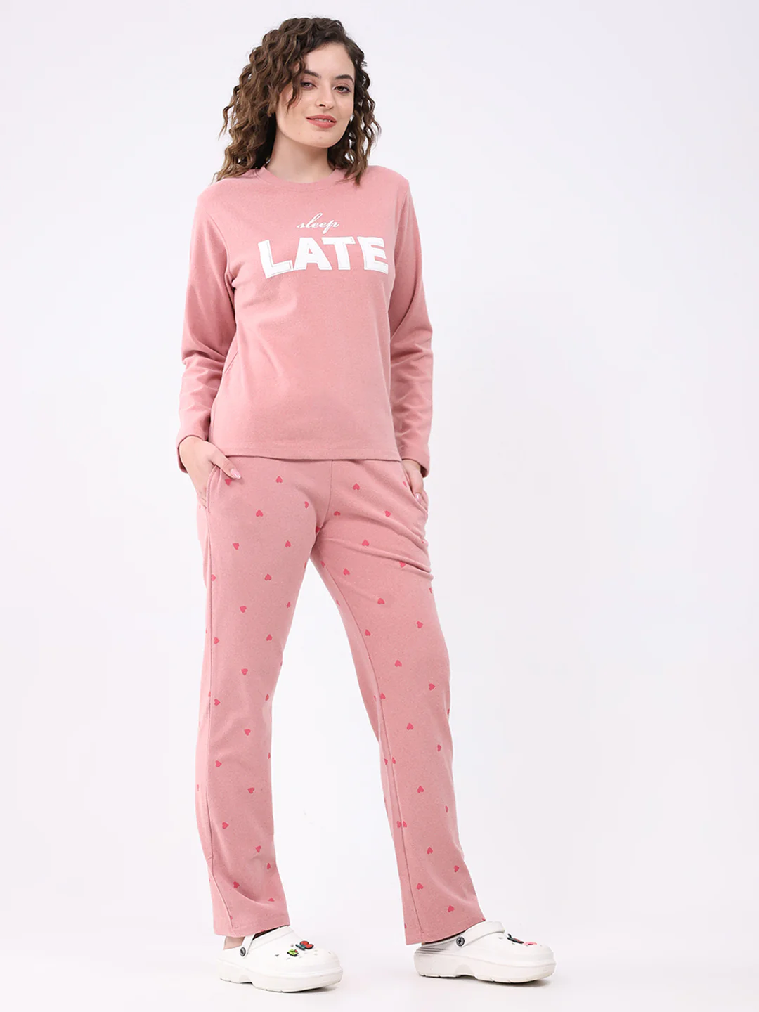 Women Pink Printed Round Neck Full Sleeve Lower Set - Image 4