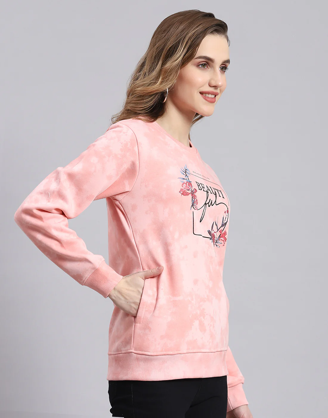 Women Pink Printed Round Neck Full Sleeve Sweatshirt - Image 4